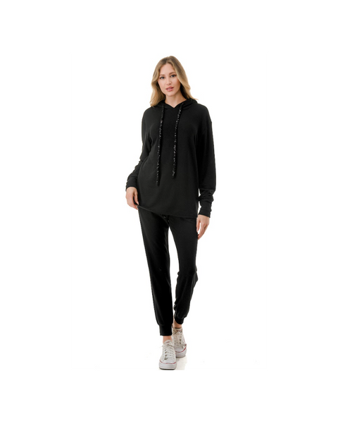 Ariella Sequin Detail Pull-Over Hoodie and Pull-On Jogger Pant Set - Black