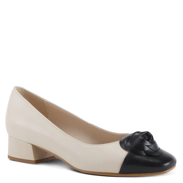 Azura Angelinite Rose Ornament Detail Low Block Heel Slip On - Bone/Black