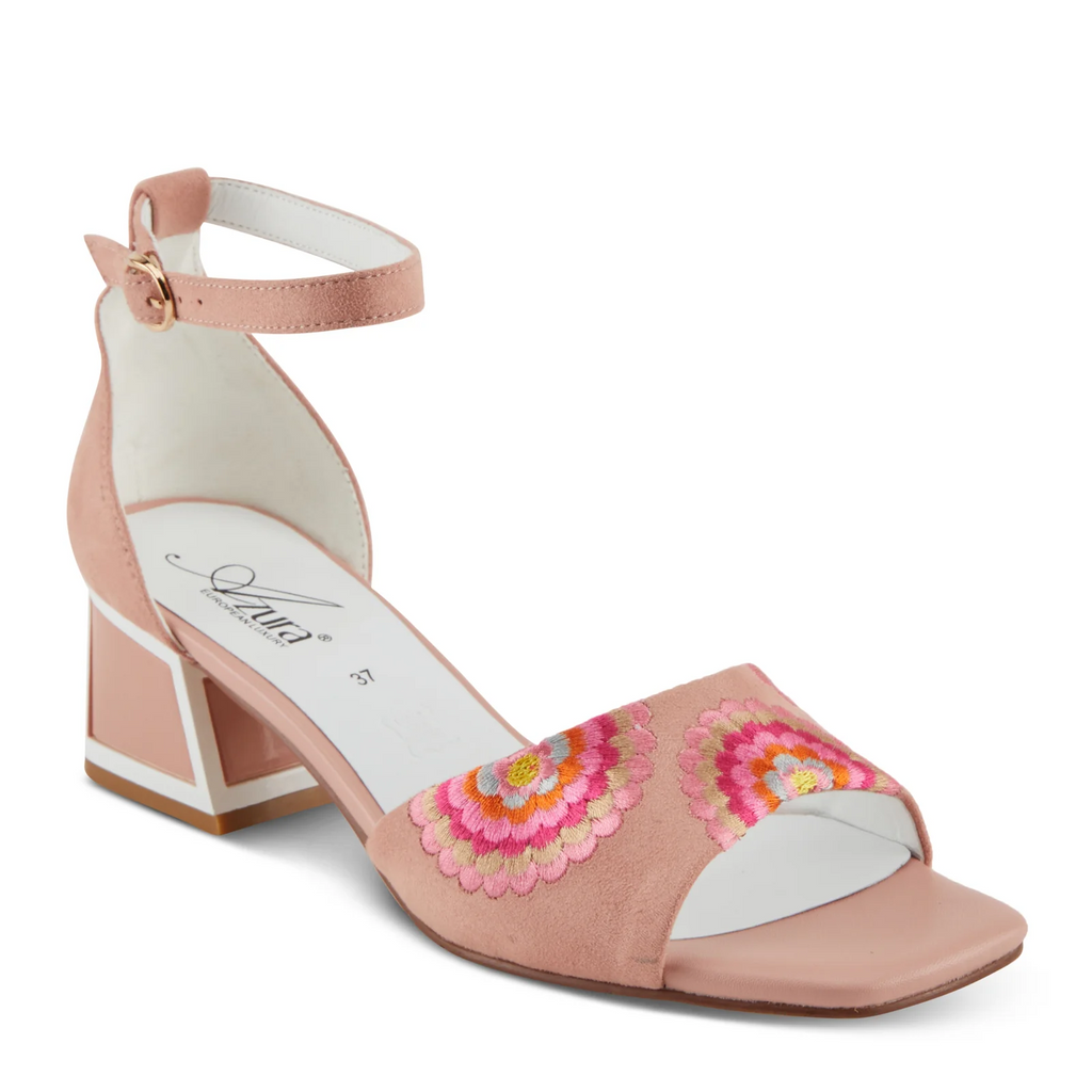 Azura Abeaute Ankle Strap Embroidered Block Heel Sandal - Blush/Multicolor