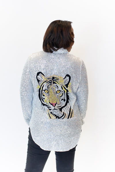 AZI Sequined Tiger Detail Blouse - Silver