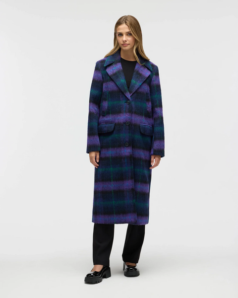 NVLT Brushed Plaid Wool Blend Boyfriend Coat - Purple Plaid