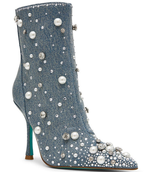 Betsey Johnson Rocko Pearl Embellished Denim Bootie - Denim