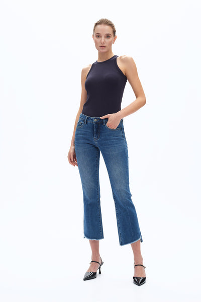 Bayeas Mid Rise Cropped Stepped Hem Bootcut Jeans - Freeloop