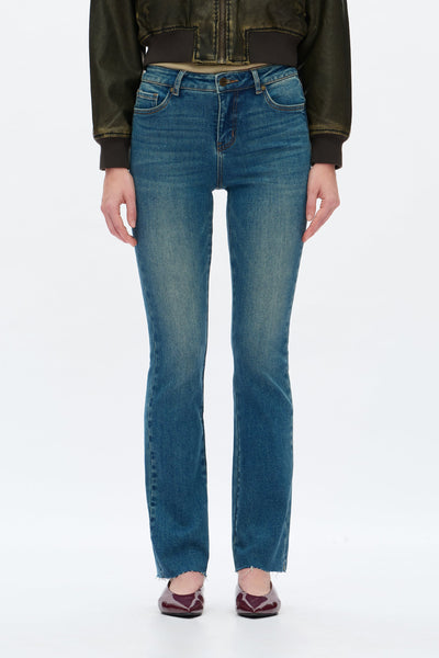 Bayeas Mid Rise Raw Hem Straight Leg Jeans - Vintage Medium Blue