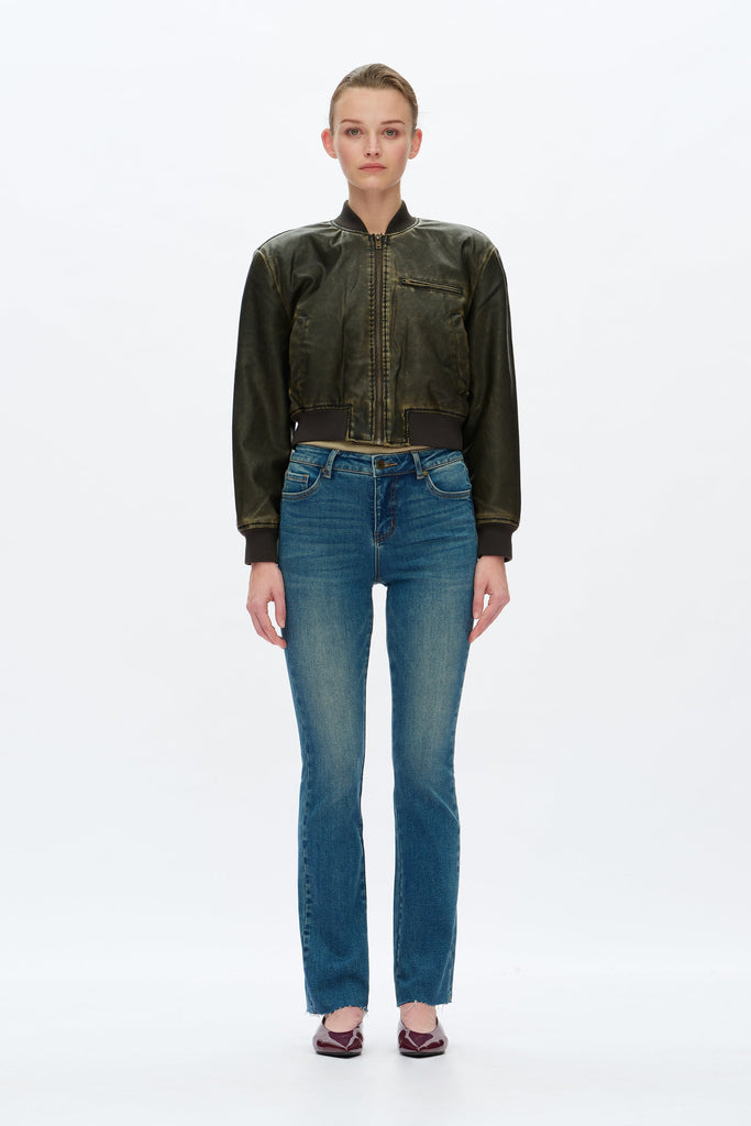 Bayeas Mid Rise Raw Hem Straight Leg Jeans - Vintage Medium Blue