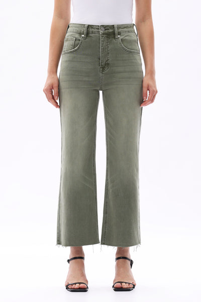 Bayeas High Rise Cropped Distressed Wide Leg Jeans - Green