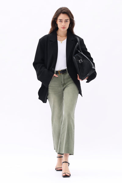 Bayeas High Rise Cropped Distressed Wide Leg Jeans - Green