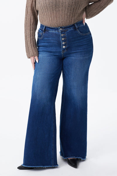 Bayeas Plus Size Mid Rise Button Fly Wide Leg Jeans - Mirror