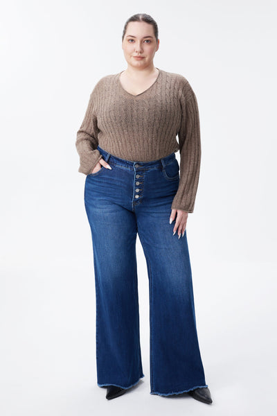 Bayeas Plus Size Mid Rise Button Fly Wide Leg Jeans - Mirror
