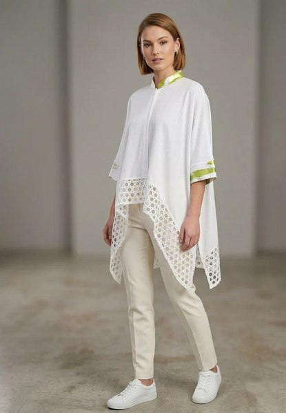 Berek Foil Trim Laser Cut Woven Hem Single Button Closure Batwing Top - White/Lime