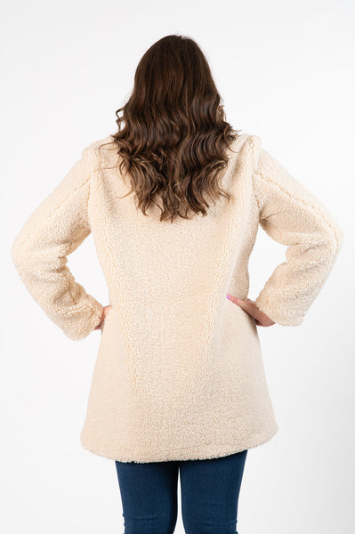 Bernardo Snap Front Ribbed Knit Trim Sherpa Coat - Cream