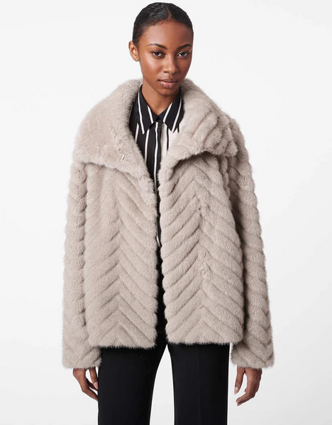 Bernardo Chevron Funnel Neck Faux Fur Jacket - Grey