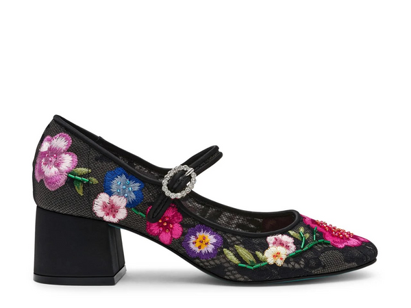 Betsey Johnson Rubee Floral Embroidered Mesh Mary Jane - Black/Multicolor
