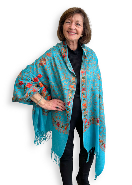 Blue Pacific Embroidered Cashmere Blend Shawl Scarf - Turquoise/Orange