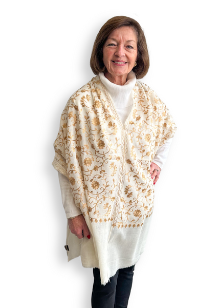 Blue Pacific Embroidered Merino Wool Poncho - Gold/Cloud