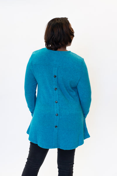 Boho Chic Ruched Sleeve Button Back Tunic Sweater - Teal