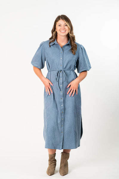 Boho Chic Puffed Sleeve Button Front Belted Shirt Collar Faux Suede Midi Dress - Platinum Blue