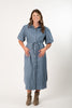 Image of Boho Chic Puffed Sleeve Button Front Belted Shirt Collar Faux Suede Midi Dress - Platinum Blue