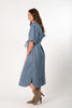 Image of Boho Chic Puffed Sleeve Button Front Belted Shirt Collar Faux Suede Midi Dress - Platinum Blue