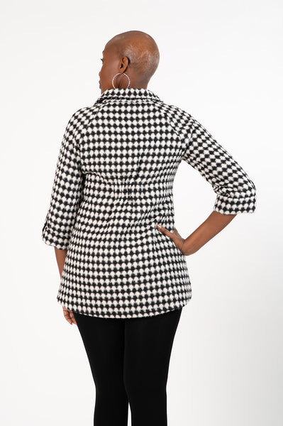 Boho Chic Checkered Knit Swing Jacket - Black/White