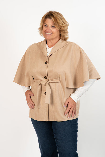 Boho Chic Vegan Suede Button Front Belted Cape Jacket - Taupe