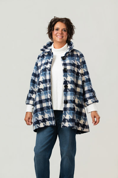Boho Chic Houndstooth Button Front Swing Jacket - Blue/Multi