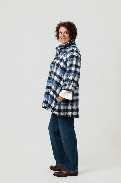 Boho Chic Houndstooth Button Front Swing Jacket - Blue/Multi