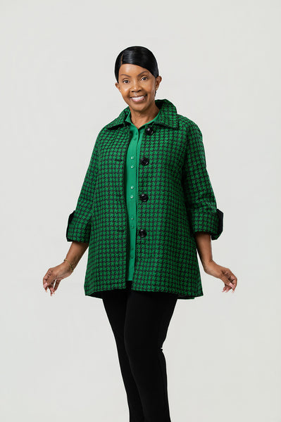 Boho Chic Houndstooth Jacquard Button Front Swing Jacket  - Green/Black