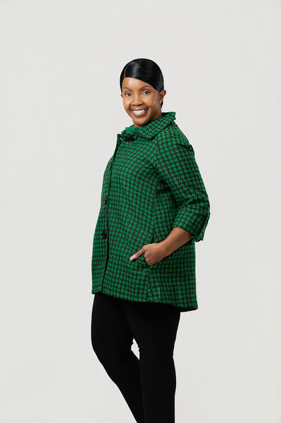Boho Chic Houndstooth Jacquard Button Front Swing Jacket  - Green/Black