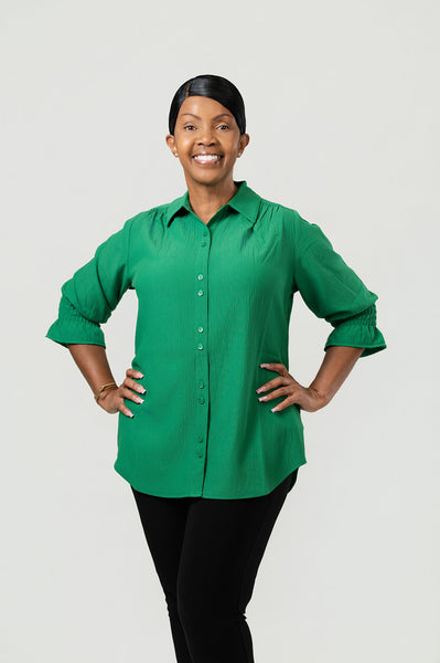 Boho Chic Smocked Cuff Blouse - Emerald