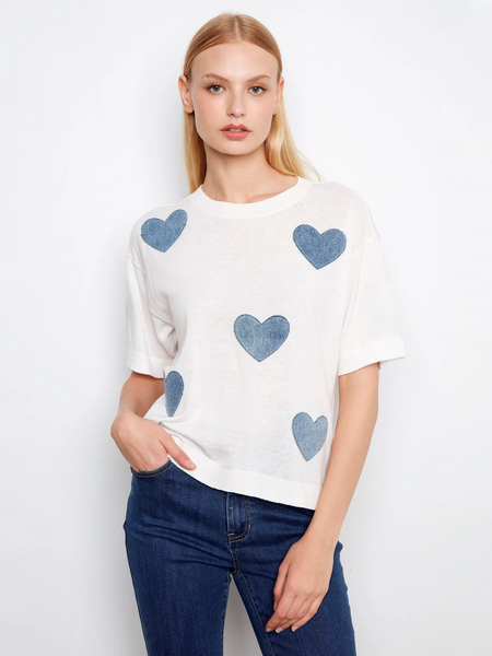 Charlie B Short Sleeve Cotton Top with Denim Appliqué Hearts - White/Blue