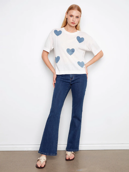 Charlie B Short Sleeve Cotton Top with Denim Appliqué Hearts - White/Blue