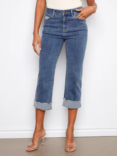Charlie B Straight Leg Scalloped Hem Cropped Jean - Medium Blue