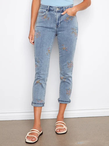 Charlie B Cuffed Cropped Embroidered Slim Leg Jean - Blue