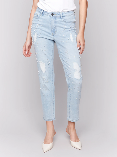 Charlie B Pearl Appliqué Distressed 5 Pocket Jean - Light Blue