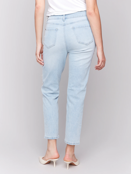 Charlie B Pearl Appliqué Distressed 5 Pocket Jean - Light Blue