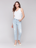 Image of Charlie B Pearl Appliqué Distressed 5 Pocket Jean - Light Blue