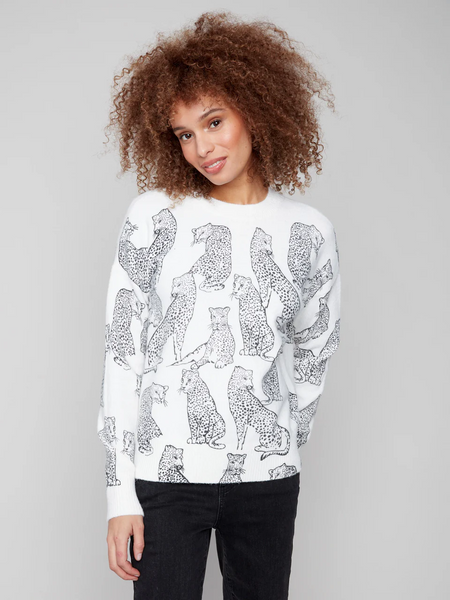 Charlie B Printed Cheetah Crew Neck Sweater - White/Black