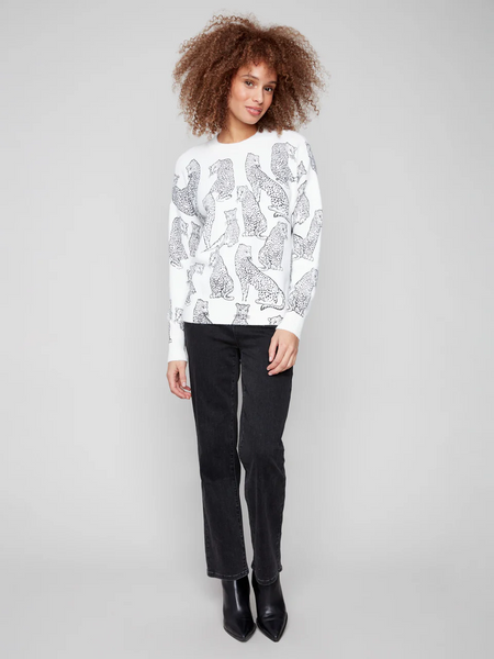 Charlie B Printed Cheetah Crew Neck Sweater - White/Black