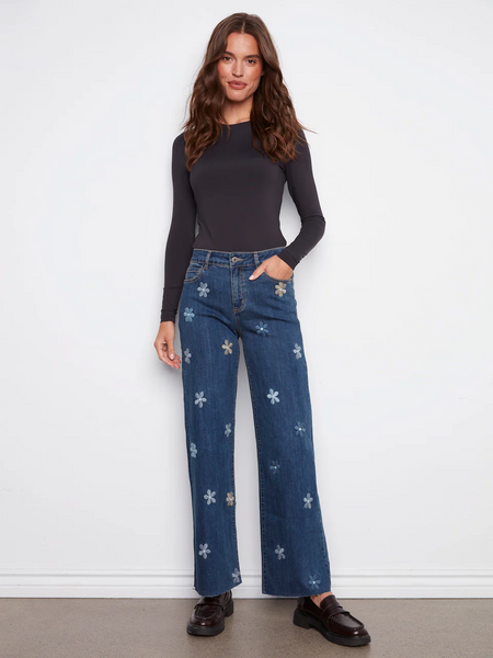 Charlie B Wide Leg Embroidered Daisy Jean - Indigo