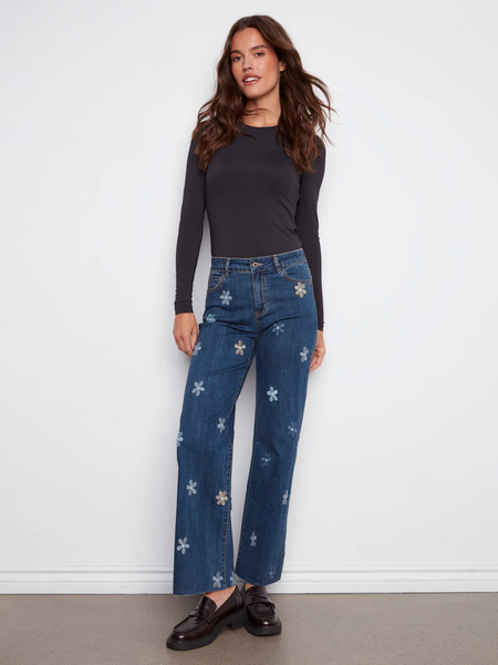 Charlie B Wide Leg Embroidered Daisy Jean - Indigo