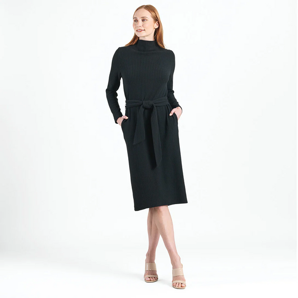 Clara Sunwoo Long Sleeve Ribbed Knit Funnel Neck Tie-Belt Sweater Dress - Black