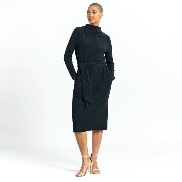 Clara Sunwoo Long Sleeve Ribbed Knit Funnel Neck Tie-Belt Sweater Dress - Black