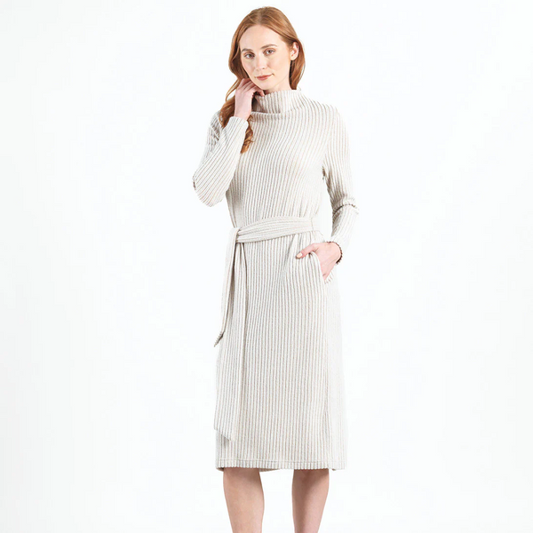 Clara Sunwoo Long Sleeve Ribbed Knit Funnel Neck Tie-Belt Sweater Dress - Sand