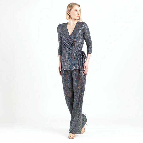 Clara Sunwoo Shimmer Sequin Faux Wrap Side Tie Tunic - Silver/Black