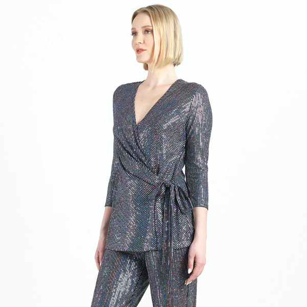 Clara Sunwoo Shimmer Sequin Faux Wrap Side Tie Tunic - Silver/Black