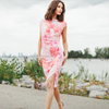 Image of Clara Sunwoo Butter Knit Side Slit Ruched Cap Sleeve Midi Dress - Sunset Petals Print