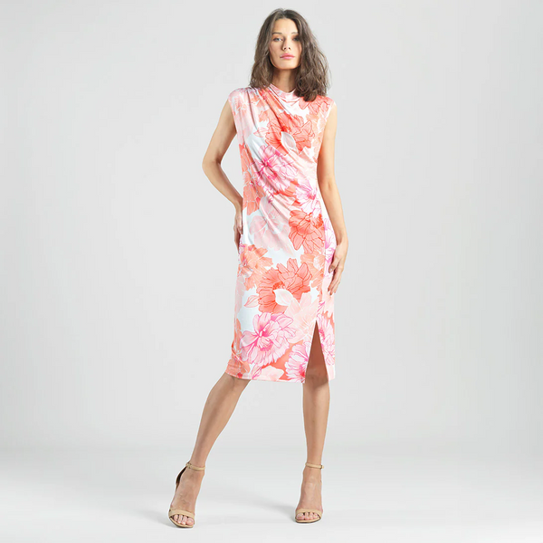 Clara Sunwoo Butter Knit Side Slit Ruched Cap Sleeve Midi Dress - Sunset Petals Print