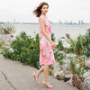 Image of Clara Sunwoo Butter Knit Side Slit Ruched Cap Sleeve Midi Dress - Sunset Petals Print