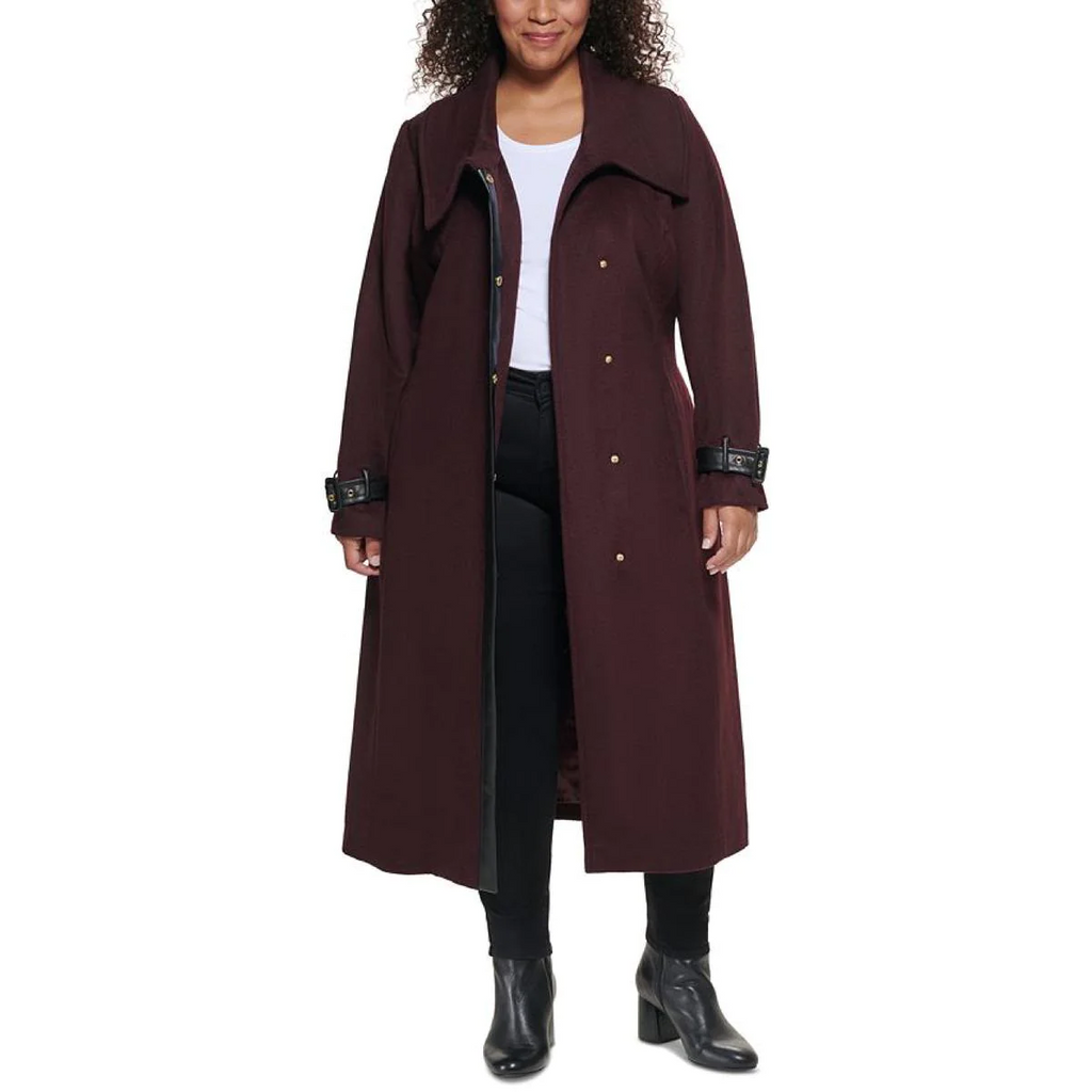Cole Haan Plus Faux Leather Trim Wool Blend Belted Wrap Coat - Bordeaux *Take an EXTRA 25% Off*